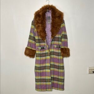 Nasty Gal Purple Plaid Trench Coat with Brown Faux Fur Trim